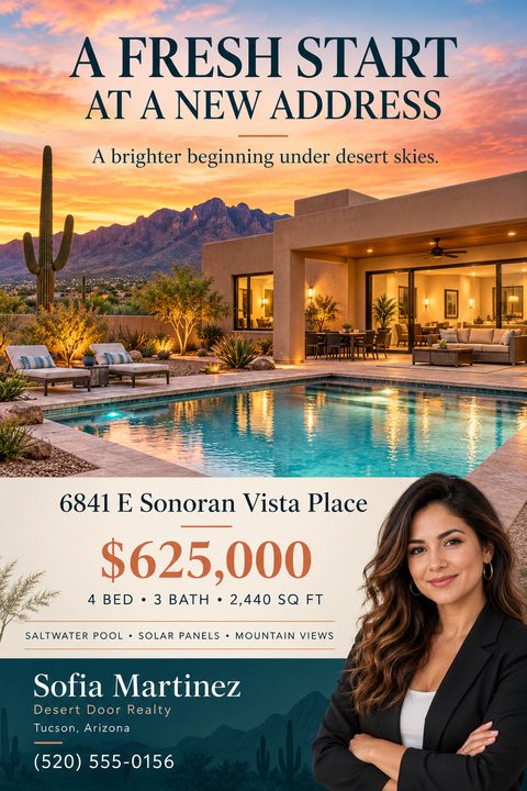 Real estate flyer template with a large photo of a modern desert home with a pool at sunset. Below is the address, price, property details, and a real estate agent's headshot and contact information.