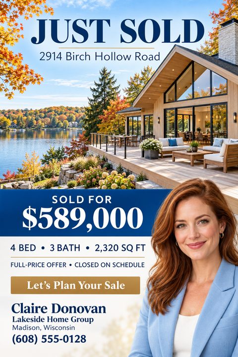 Real estate just sold flyer featuring a large photo of a lakeside home, a navy blue banner with the sold price, property details, and a cutout portrait of a female real estate agent.