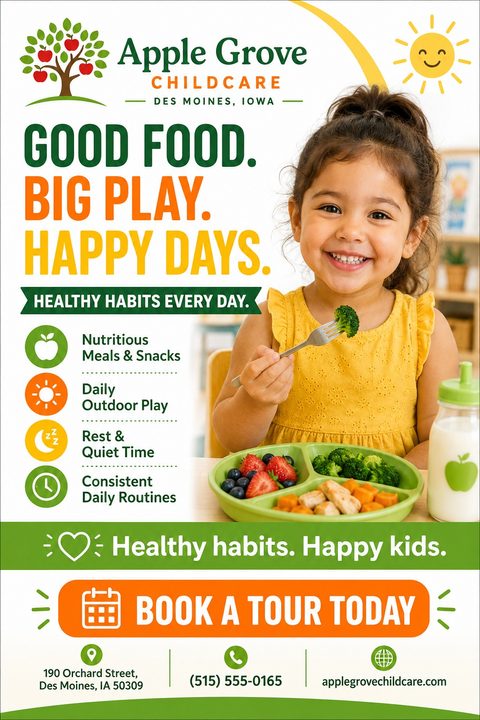 Childcare flyer template with a smiling young girl eating broccoli from a healthy plate. Text reads 'Good Food. Big Play. Happy Days.' with bullet points for nutritious meals, outdoor play, rest time, and daily routines. Includes a 'Book a Tour.