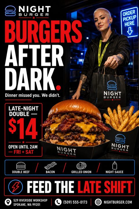 Flyer for Night Burger featuring a large double bacon cheeseburger and fries, with a person holding a takeout bag in the background. Text reads 'Burgers After Dark' and 'Late-Night Double - $14'.