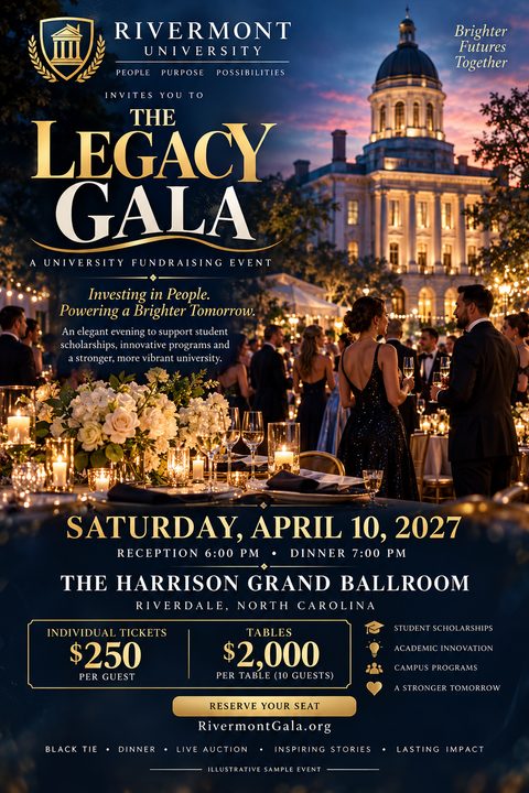 A formal flyer for 'The Legacy Gala' featuring an image of people in formal wear at an outdoor evening event with a large, lit building in the background. The text is in gold and white on a dark blue background.