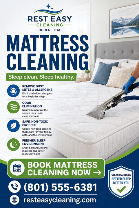 Flyer for mattress cleaning services. Features a photo of a person using a steam cleaner on a mattress. Text reads 'Mattress Cleaning. Sleep clean. Sleep healthy.' with bullet points for benefits and contact information.