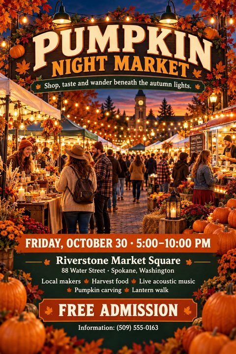 A cozy autumn night market scene with people browsing stalls under string lights. A large wooden sign reads Pumpkin Night Market. The bottom section features event details on a dark green background.