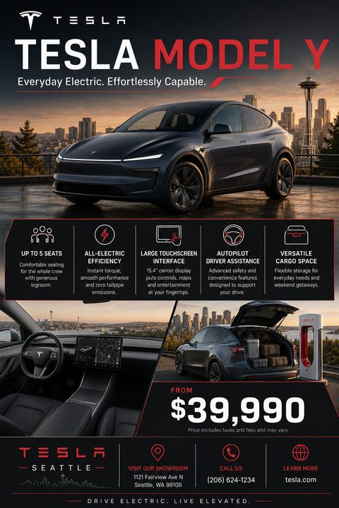 A dark-themed car sales flyer featuring a large hero image of a dark SUV at sunset, a row of feature icons, interior and charging photos, pricing, and dealership contact information with red accents.