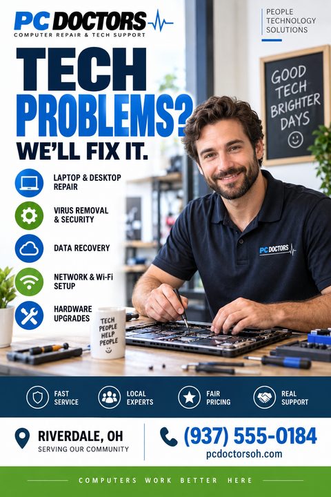 Computer repair flyer template with a photo of a smiling technician working on a laptop motherboard. Text reads 'Tech Problems? We'll Fix It.' with a list of services and contact information.