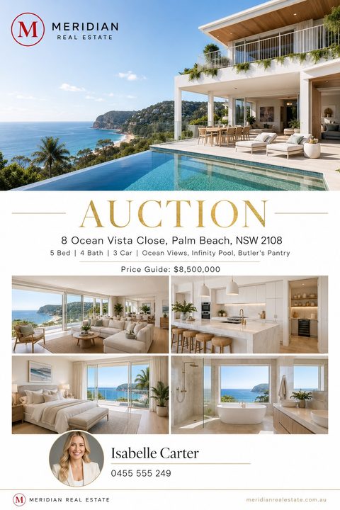 Real estate auction flyer featuring a large photo of a luxury home with an infinity pool overlooking the ocean, elegant gold text, a four-photo interior grid, and agent contact details at the bottom.