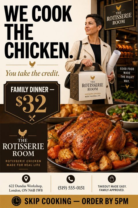 A takeout flyer for a rotisserie chicken restaurant. It features a woman carrying a branded takeout box, a close-up of a roasted chicken dinner, bold text, and a family meal price offer.