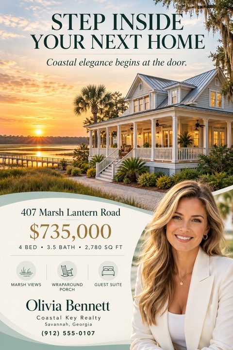 A real estate listing flyer featuring a large photo of a coastal home at sunset. Below, a curved cream section displays property details, price, icons, and a prominent photo of a smiling female realtor.
