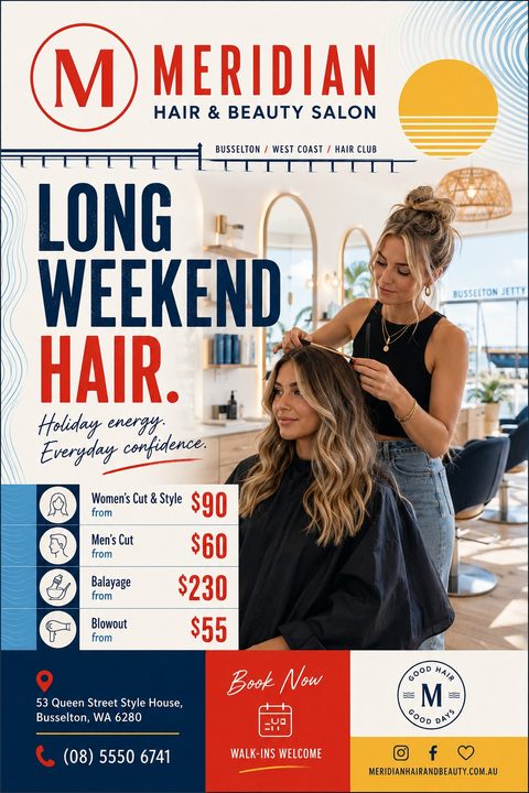 A hair salon price list flyer featuring a photo of a stylist working on a client's hair. The design uses a coastal theme with navy blue, red, and white colors, plus nautical graphics.