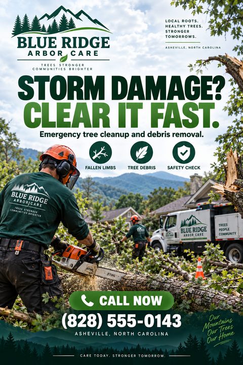 Flyer for Blue Ridge Arbor Care offering storm damage cleanup. Features a photo of a worker using a chainsaw on a fallen tree, with a company truck in the background.