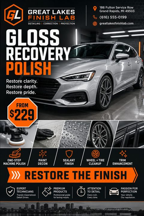 A dark grey and orange auto detailing flyer featuring a large photo of a polished silver car in a garage, smaller process photos, service icons, and a prominent price tag.