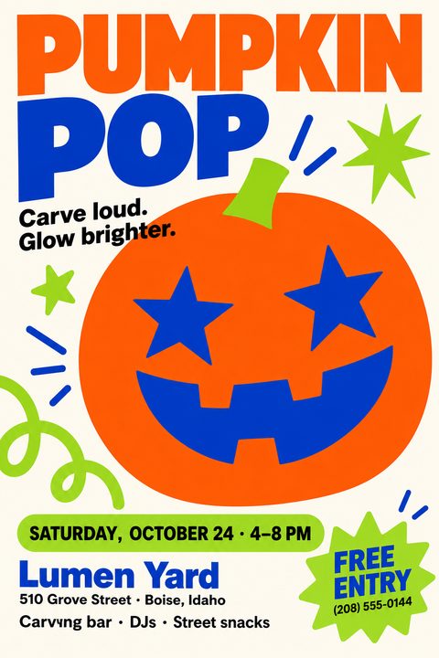 A vibrant Halloween event flyer featuring a large orange jack-o'-lantern with blue star eyes. Bold orange and blue text, plus lime green accents, sit on a cream background.