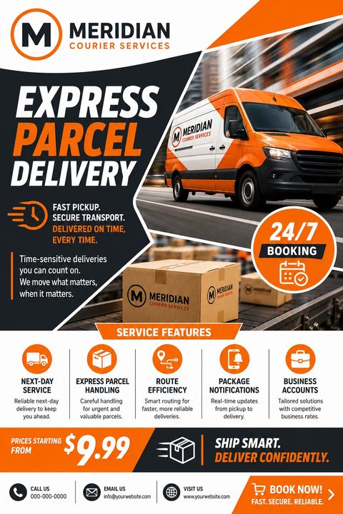 Flyer for Meridian Courier Services with a photo of an orange and white delivery van and cardboard boxes on a conveyor belt. Text reads Express Parcel Delivery, Fast Pickup, Secure Transport, Delivered on Time Every Time. Includes service feature.