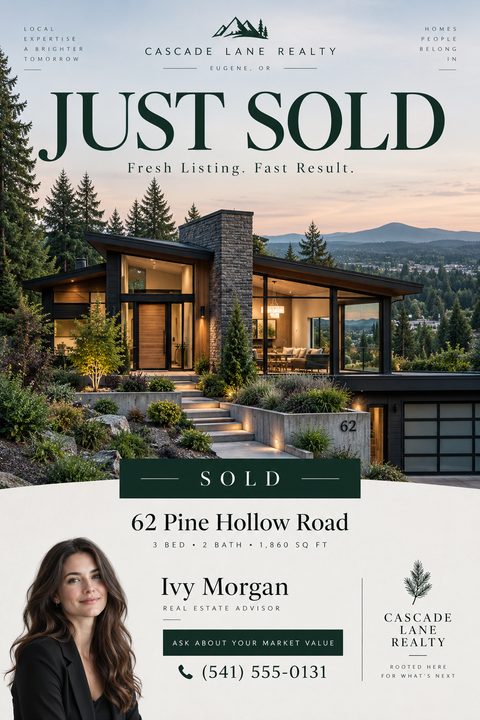 A real estate just sold flyer featuring a large photo of a modern home at twilight. The design uses elegant dark green text and accents on a cream background, with an agent photo.