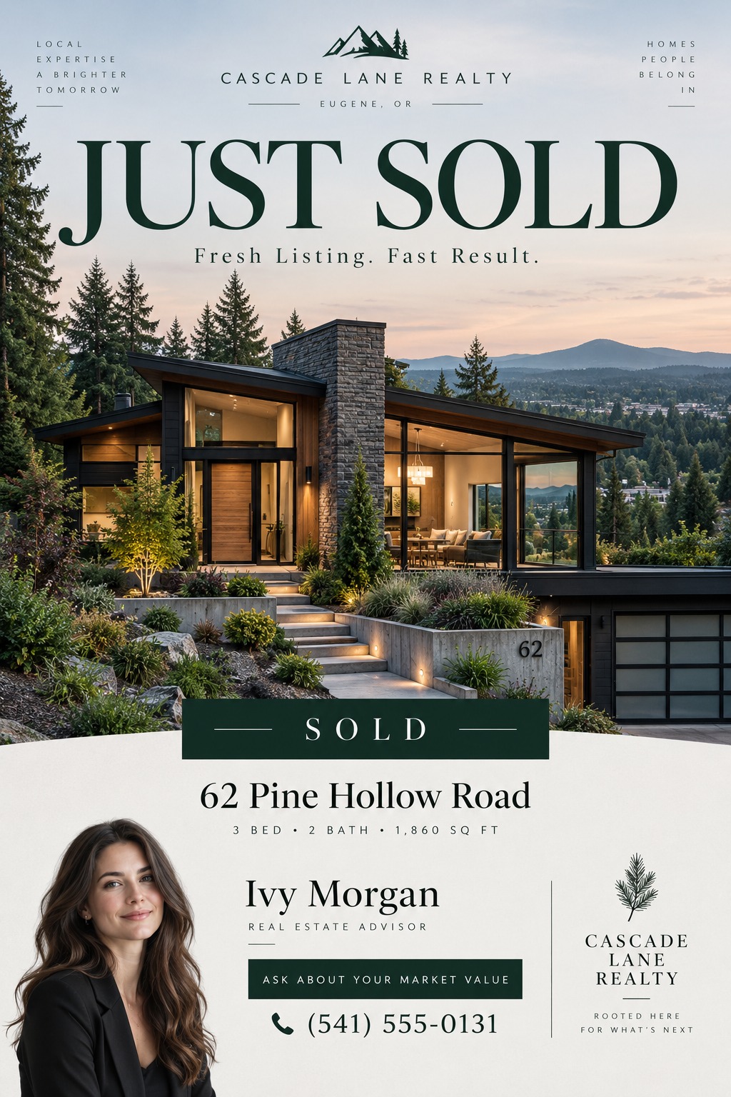 A real estate just sold flyer featuring a large photo of a modern home at twilight. The design uses elegant dark green text and accents on a cream background, with an agent photo.