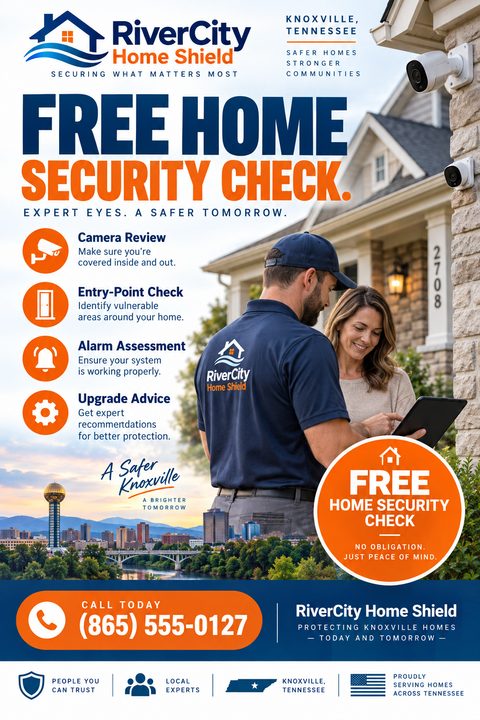 A flyer for a free home security check. It features a large headline, a list of services with icons, a photo of a technician talking to a homeowner, a city skyline, and a large orange call-to-action circle.