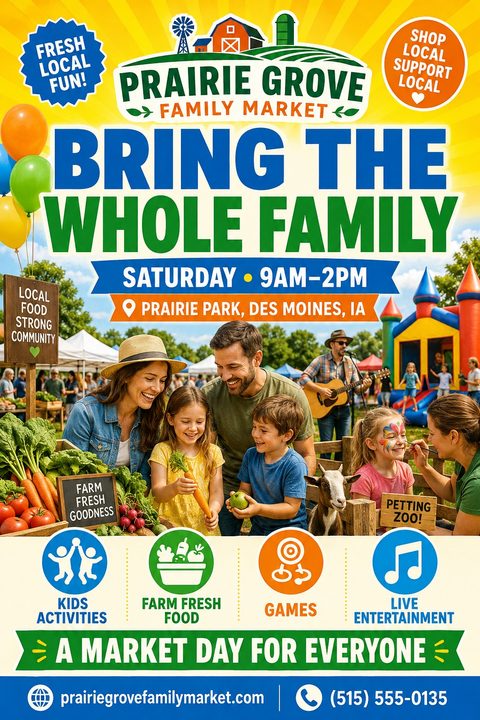 A bright yellow sunburst flyer for a family market featuring a photo collage of a family with fresh vegetables, face painting, a petting zoo, and a bouncy castle, with colorful activity icons below.