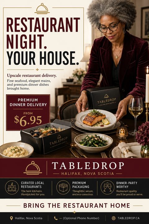 Elegant food delivery flyer featuring a woman setting a dining table with premium delivered meals. The design uses a sophisticated burgundy, cream, and gold color palette with elegant typography and icons.