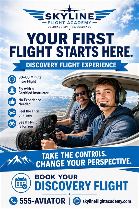 Flyer for a flight academy. A large photo shows an instructor and student smiling in the cockpit of a small plane mid-flight. Text reads 'Your first flight starts here. Discovery flight experience.' Bullet points list features like '30-60 minute.
