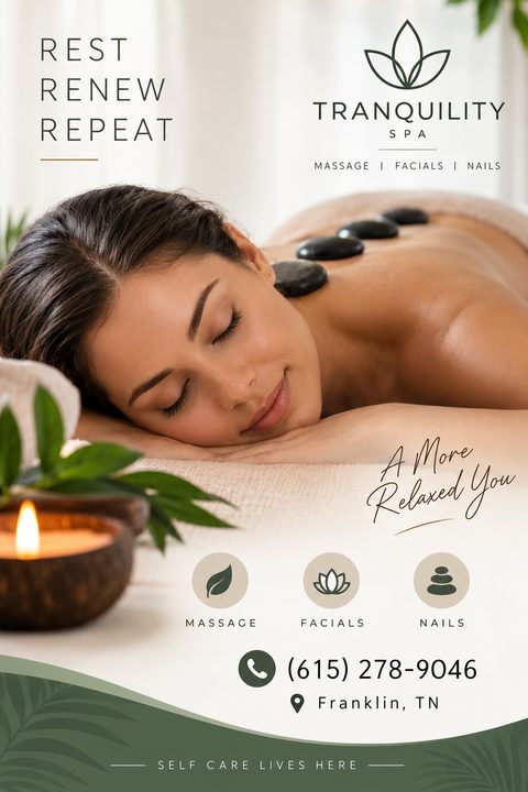 Spa flyer template with a woman receiving a hot stone massage. Text reads 'Rest Renew Repeat' and 'A More Relaxed You'. Includes icons for massage, facials, and nails, plus contact info.