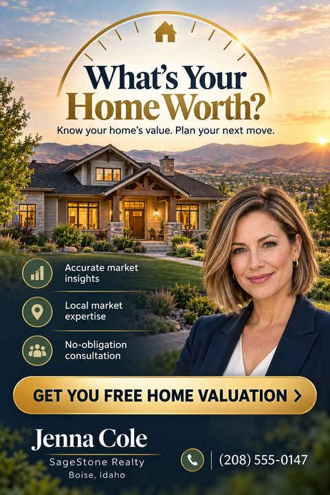A real estate flyer featuring a sunset over mountains and a suburban house. A female agent is pictured alongside gold text asking 'What's Your Home Worth?' and a free valuation button.