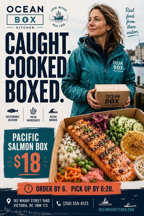Flyer for a seafood takeaway featuring a woman holding a takeout box and a large image of a salmon meal box. Text reads 'Caught. Cooked. Boxed.' and 'Pacific Salmon Box $18'.