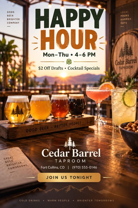 Happy Hour flyer template featuring a photo of a beer flight and cocktails on a wooden table at sunset, with text for specials and bar details.