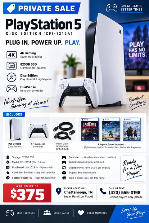 A private sale flyer for a video game console featuring a large product photo, a blue and white color scheme, sections for features and included accessories, detailed specifications, and a large red asking price.