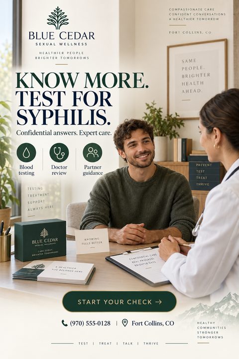 A flyer for a sexual wellness clinic featuring a smiling man consulting with a female doctor in a bright, modern office. The text reads 'Know More. Test for Syphilis.'
