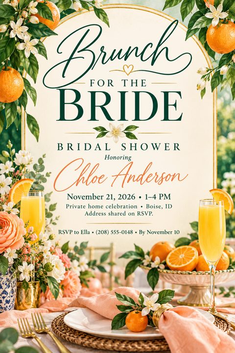 A bridal shower invitation flyer with a central arched text area reading 'Brunch for the Bride Bridal Shower'. The background features a beautifully set table with mimosas, oranges, and floral arrangements.