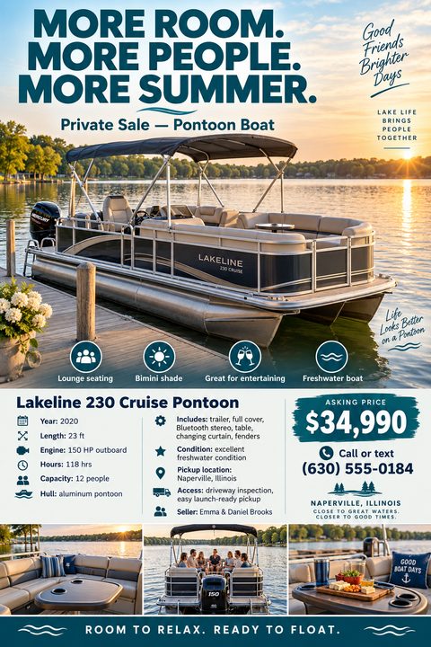 A flyer for a private boat sale featuring a large photo of a pontoon boat at sunset, a bold teal headline, detailed specifications, feature icons, an asking price, and three smaller detail photos.