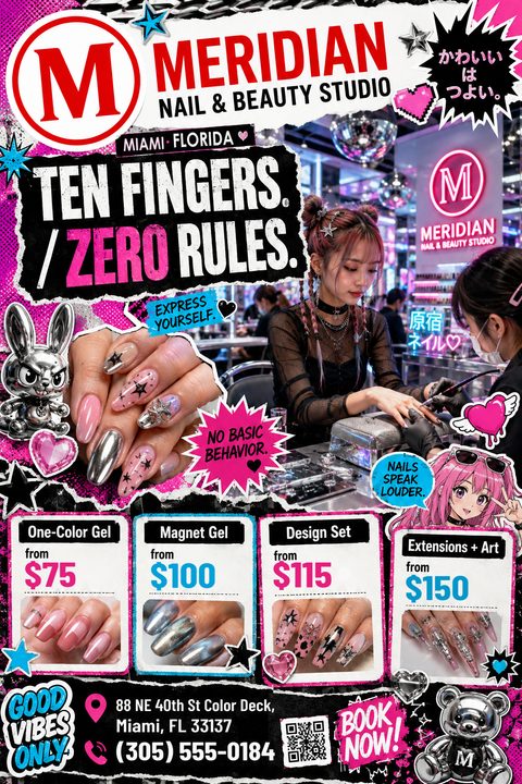 A chaotic, Y2K-style collage flyer for a nail studio featuring ripped paper edges, sticker graphics, a photo of a nail tech working, and a price menu for various gel and extension services.