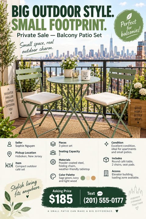 A flyer for a private sale of a balcony patio set. The top half features a photo of a green metal table and two chairs on a balcony with a city skyline in the background. The bottom half lists details like seller, location, item, pieces, seating.