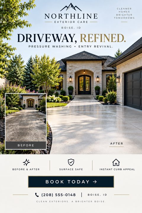 A pressure washing flyer with a large photo of a clean driveway and house, and a smaller inset photo showing the dirty driveway before cleaning. Text reads 'Driveway, Refined. Pressure Washing + Entry Revival.'