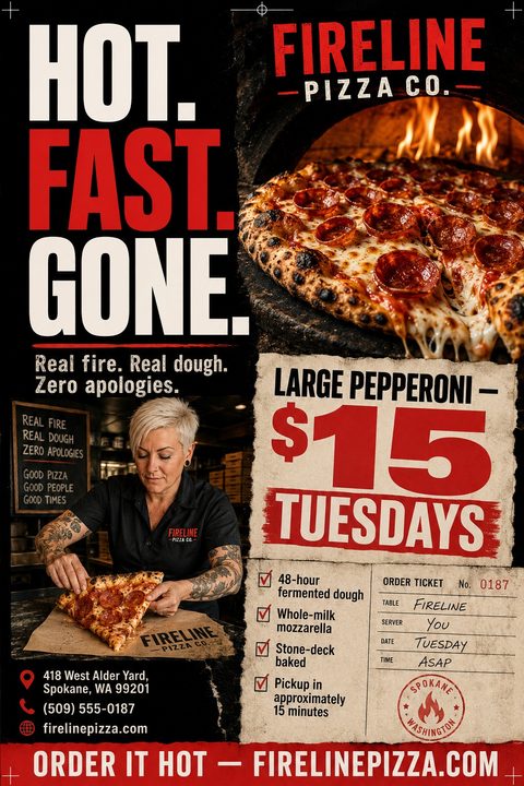 A bold pizza flyer with a black background and red text reading "HOT. FAST. GONE." Features photos of a wood-fired pizza, a chef, and a torn paper graphic advertising a $15 Tuesday special.