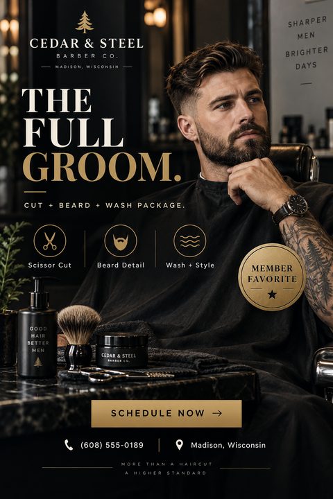 A dark, sophisticated barber shop flyer featuring a handsome man in a barber chair. Elegant gold text promotes a grooming package, with icons for scissor cut, beard detail, and wash.