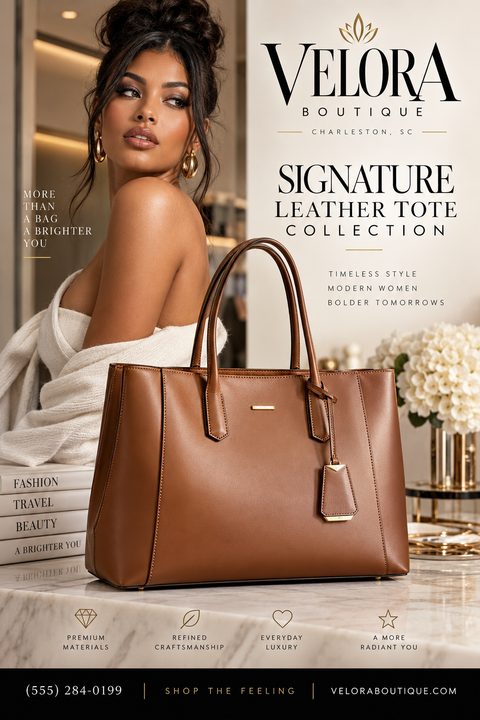 Elegant boutique flyer template featuring a large brown leather tote bag on a marble counter, with a model in the background. Text reads 'Signature Leather Tote Collection' with space for boutique name and contact details.