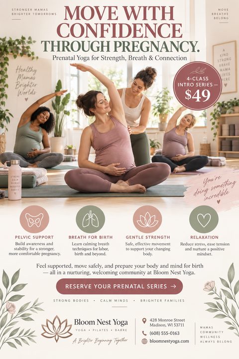 A soft, earthy flyer for prenatal yoga featuring a photo of pregnant women practicing yoga with an instructor. It includes a special offer badge, benefit icons, and delicate floral illustrations.