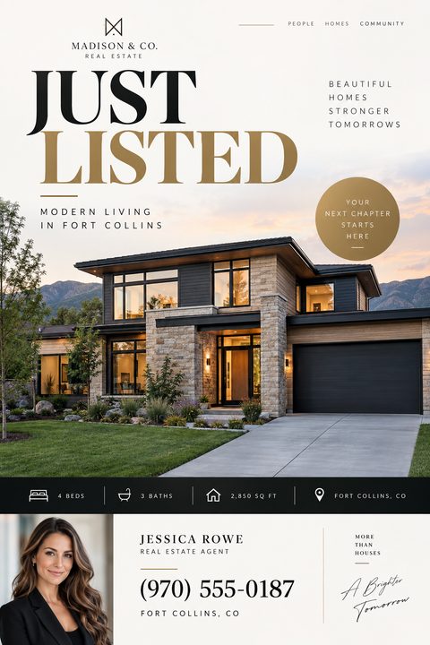 Real estate flyer template with 'Just Listed' in large, elegant serif font. Features a photo of a modern two-story house at dusk, property details, and an agent headshot with contact info.
