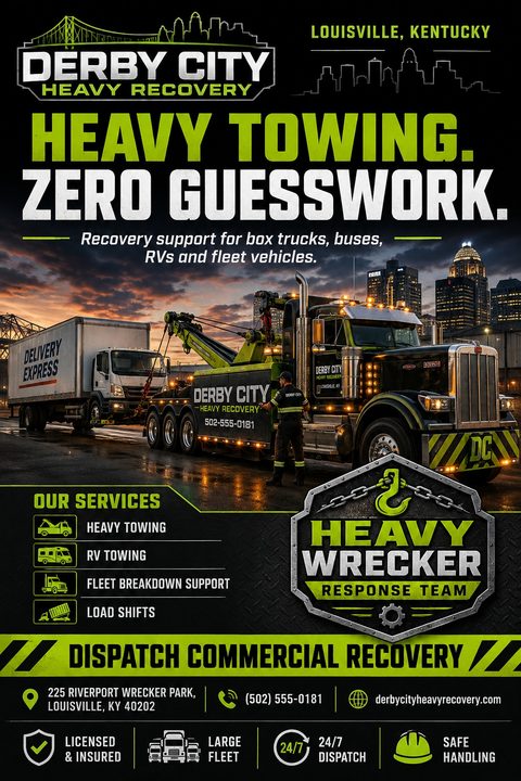 Flyer for heavy towing services featuring a large black and neon green tow truck recovering a box truck at sunset. Text reads 'Heavy Towing. Zero Guesswork.' and lists services like RV towing and fleet breakdown support.