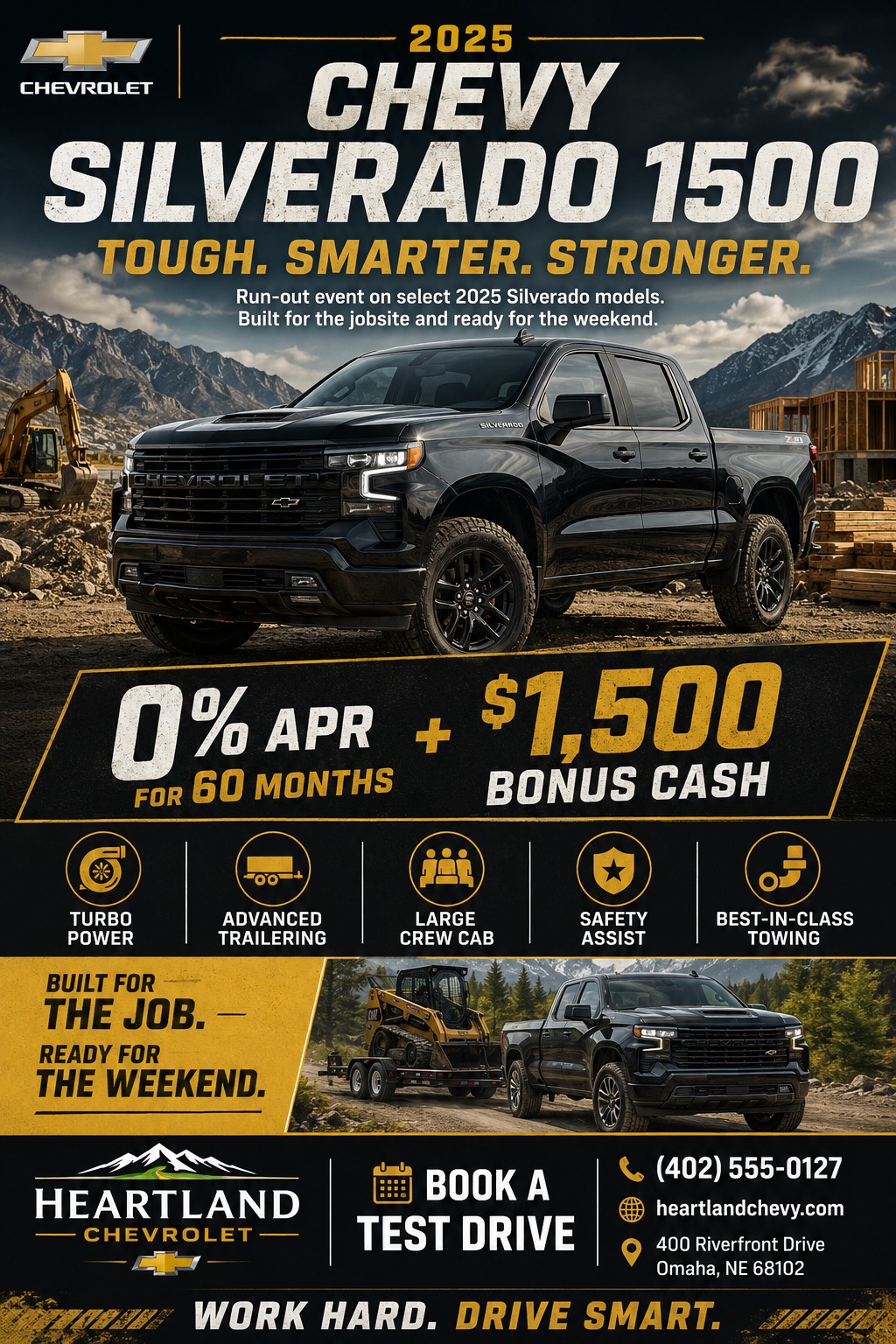 A rugged flyer for a truck dealership featuring a large black pickup truck on a construction site, bold text for financing offers, and icons highlighting vehicle features.