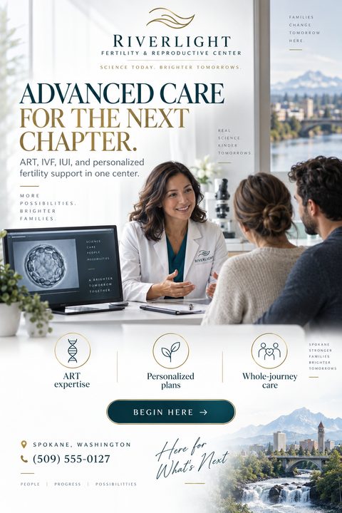 A flyer for a fertility and reproductive center. It features a photo of a doctor consulting with a couple, with text highlighting advanced care, ART, IVF, and personalized support. The design is clean and professional, with a white background and.