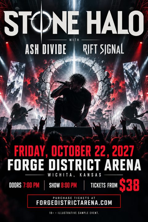 A gritty concert flyer featuring a heavy metal band performing on a dark stage with red lighting. Bold white and red text displays the band names, date, venue, and ticket information.