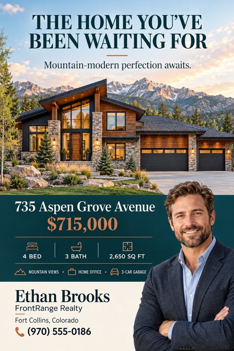 Real estate flyer template featuring a large photo of a modern mountain home, property details including price, beds, baths, and square footage, and a real estate agent's headshot and contact information.