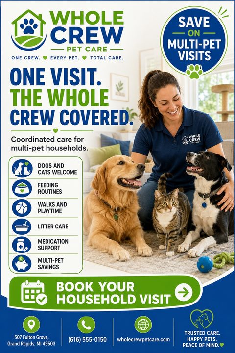 Flyer for Whole Crew Pet Care offering coordinated care for multi-pet households. Features a photo of a woman smiling with two dogs and a cat. Lists services like feeding, walks, and litter care.