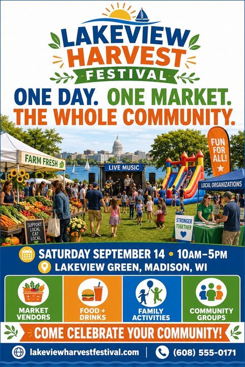 A vibrant flyer for a harvest festival featuring a lively outdoor scene with a farmers market, live music, a bouncy castle, and community booths. The text highlights 'One Day. One Market. The Whole Community.' with colorful icons for market vendors.