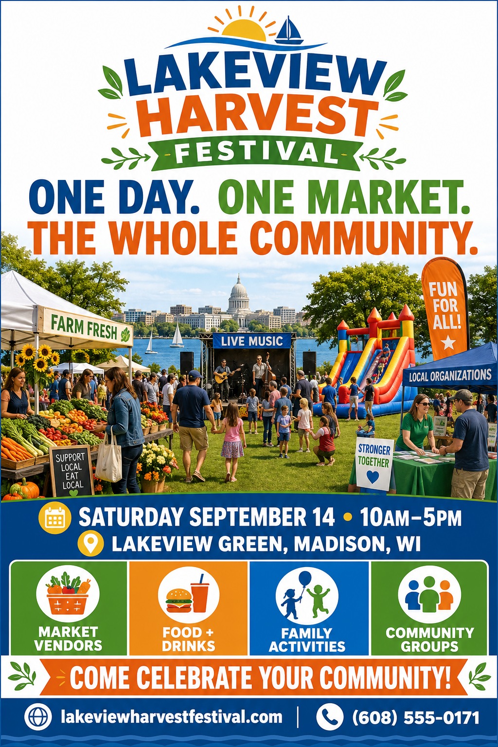A vibrant flyer for a harvest festival featuring a lively outdoor scene with a farmers market, live music, a bouncy castle, and community booths. The text highlights 'One Day. One Market. The Whole Community.' with colorful icons for market vendors.