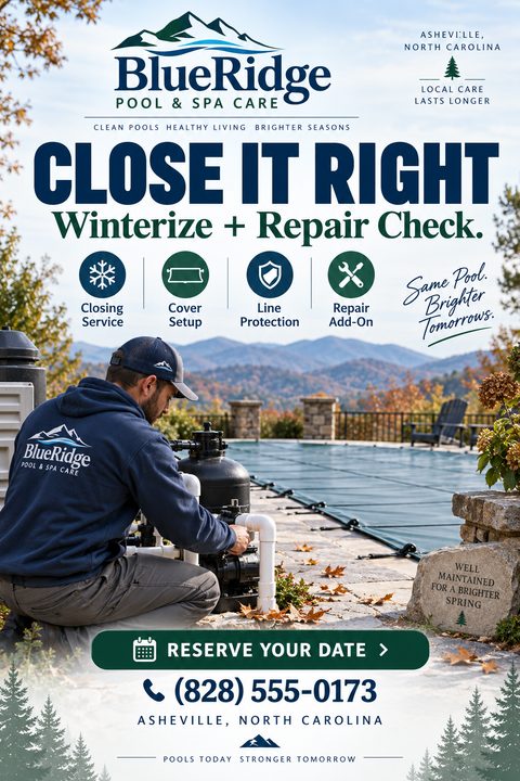 A pool maintenance flyer featuring a man working on pool equipment next to a covered pool with mountains in the background. Text reads Close It Right Winterize + Repair Check with service icons.