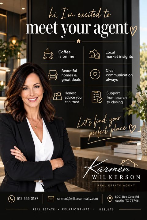 A real estate agent introduction flyer featuring a large portrait of a smiling woman on the left, with gold service icons and elegant text on a dark modern background.