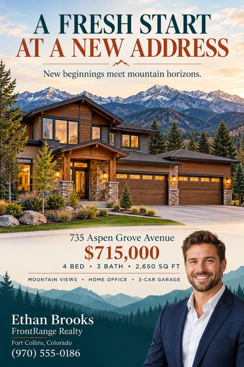 Real estate flyer template featuring a large photo of a modern mountain home with snow-capped peaks in the background. Below is the property address, price, details, and a real estate agent's portrait and contact information.